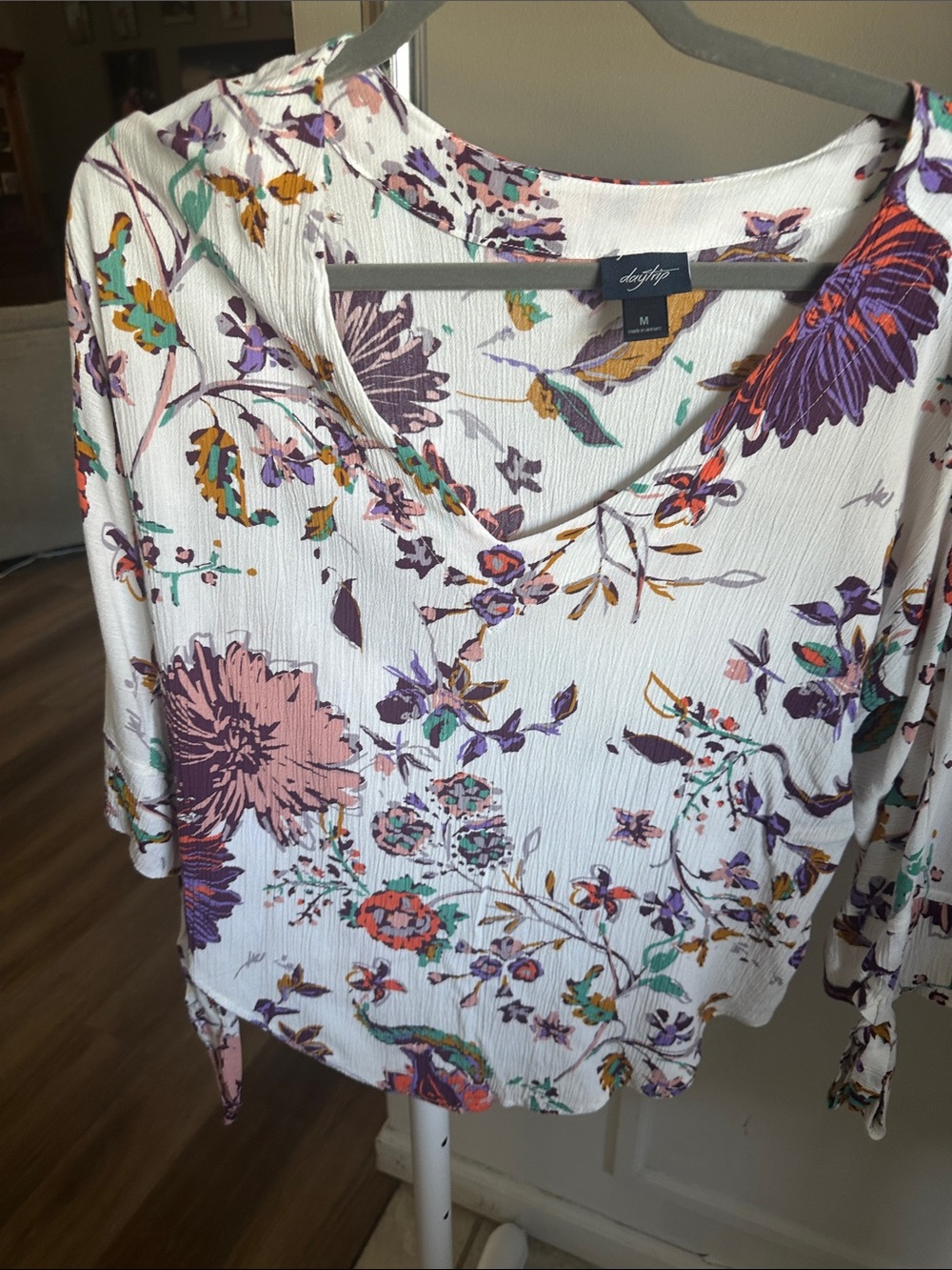 Daytrip White V-Neck Blouse with Purple, Pink & Teal Floral Print